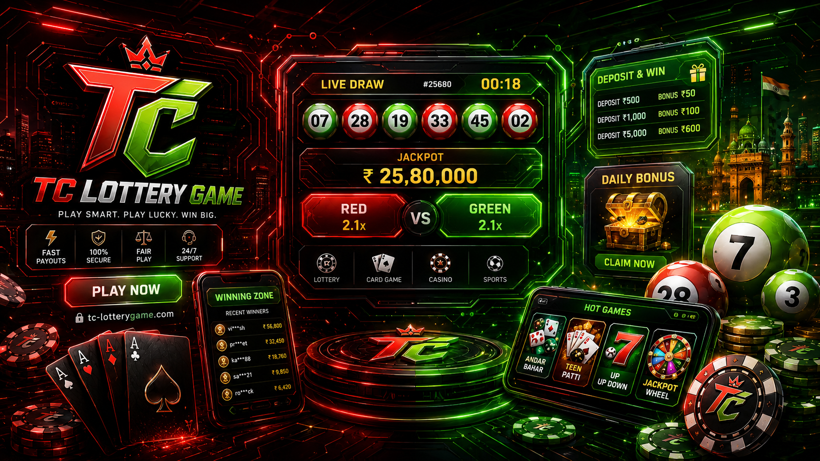 TC Lottery Game prompt-style screen with number balls and neon panels